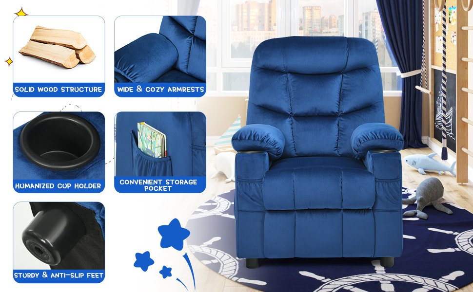 Convenient Storage & Hydration: Equipped with cup holders in the armrests, a large side pocket, and two small front pockets, this recliner keeps kids organized and hydrated, making it perfect for leisure time.
