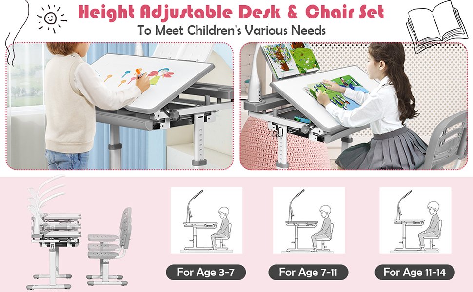 Adjustable Height:  Invest in adjustable height! Our ergonomic design ensures the desk and chair keep up with your child's growth, promoting proper sitting posture. Adjustable backrest adds comfort to their study routine.