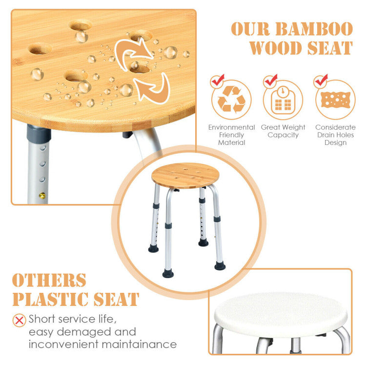 Premium Bamboo Construction: Crafted from 100% bamboo wood, our shower seat boasts excellent hygroscopicity and heat absorptivity, ensuring it's the perfect addition to your bathroom or sauna. Rust-proof aluminum chair feet provide long-lasting durability.