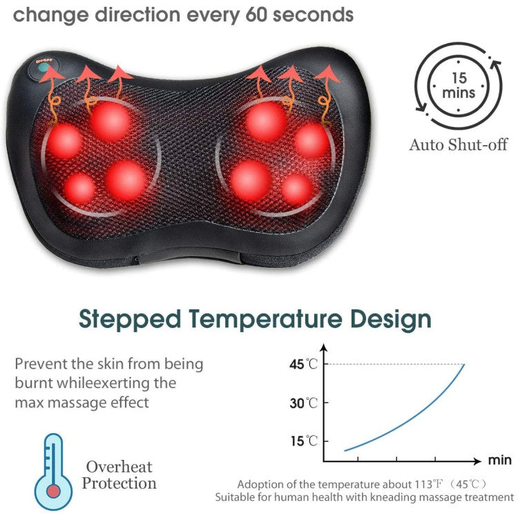Infrared Heating Function: Our massager goes beyond basic relaxation with an infrared heating function that enhances muscle therapy. The Overheat Protection Device and 15-minute Auto Shut-Off ensure safety, while the programmed temperature of 113℉/45℃ provides the perfect balance for a rejuvenating massage experience.
