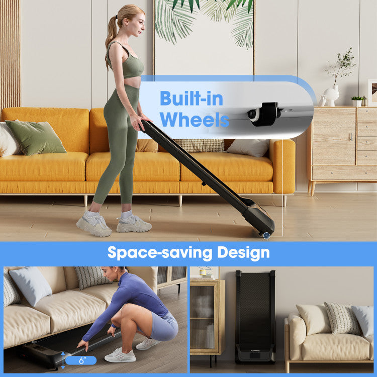 Space-saving Mobility: Move effortlessly with built-in wheels and store with ease. At just 6” thick, our walking treadmill conveniently slides under the bed or sofa, saving valuable space. Revolutionize your home fitness setup – compact, convenient, and ready for action!