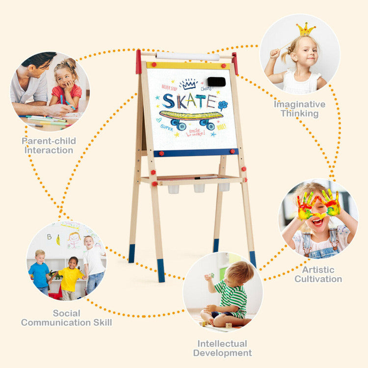 Versatile Kids' Art Station: Elevate your child's creativity with a 3-in-1 art board featuring a dual-sided magnetic drawing board and a paper roll. Ideal for chalk and whiteboard creations, ensuring a mess-free and healthy artistic experience.