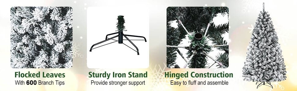 Sturdy and Safe: Crafted from eco-friendly and non-flammable PVC material, our tree's needles are both safe and durable, promising peace of mind for your holiday decor. The branches fluff effortlessly, creating a lush and traditional look that's perfect for showcasing your lights and ornaments. Robust Steel Stand: Our snow-flocked tree boasts an X-shaped iron stand that enhances stability, ensuring your tree stands tall and firm. Compared to plastic bases, this metal stand is more secure and resistant to breakage. Effortless Setup and Takedown: Assembly and disassembly take just 2 or 3 minutes, making holiday decorating a breeze. The tree conveniently breaks down into hinged sections, simplifying storage. Plus, it divides into 3/4 sections, fitting into most storage bags (bag not included).