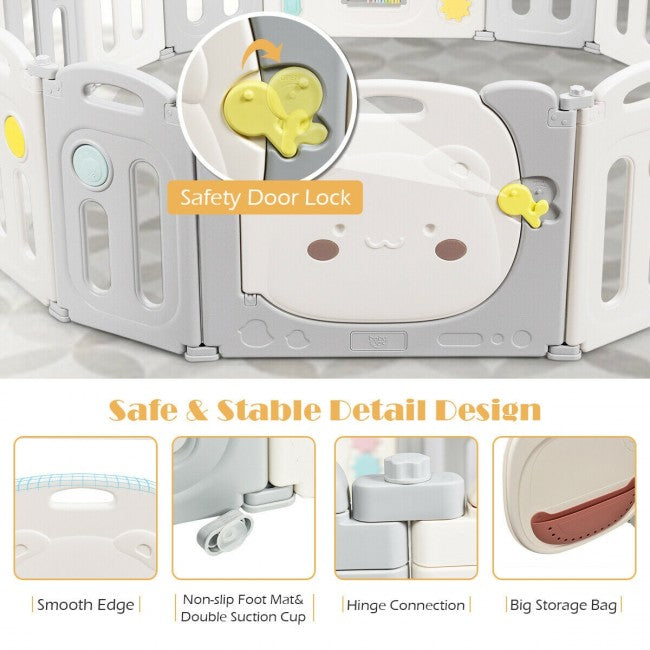 Safety Lock & Anti-skid Design: There is a safety lock on the outside of the door to prevent the baby from opening the door and running out of the fence. The non-slip foot pads at the bottom can not only protect the floor but also make the fence difficult to overturn and move.