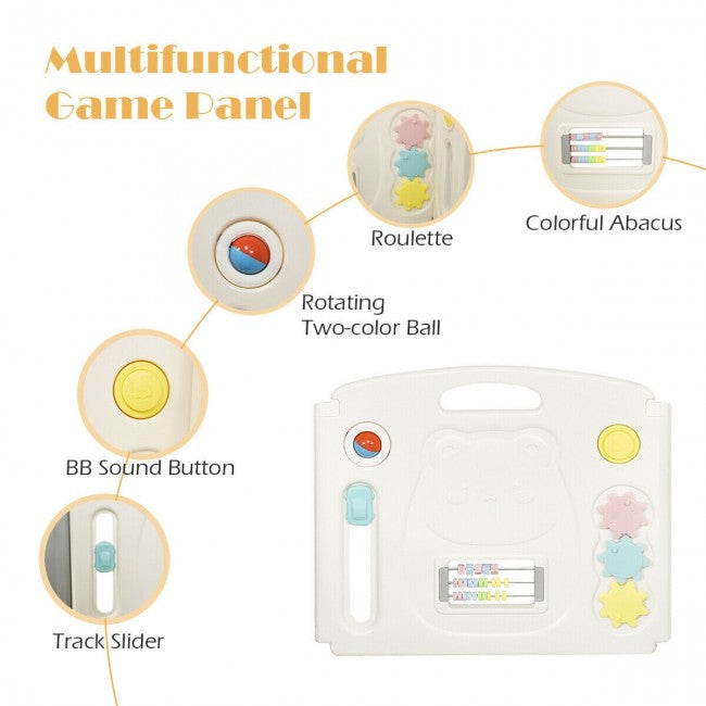 Multifunctional Game Panel: The game board with various toys can stimulate the curiosity of your babies and exercise their perception ability, which is not only interesting but also educational. In addition, there is a storage bag on the inside of the door panel, which can help your baby develop a good habit of organizing.