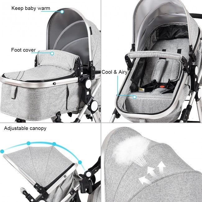 Adjustable Backrest & Canopy: Babies can lie, sit, or sleep comfortably by adjusting the backrest and sleeping cushion of this 2 in 1 Baby Stroller under the protection of a 5-point safety harness. covered with sunroof ratchets Canopy can well protect your baby from ultraviolet radiation.