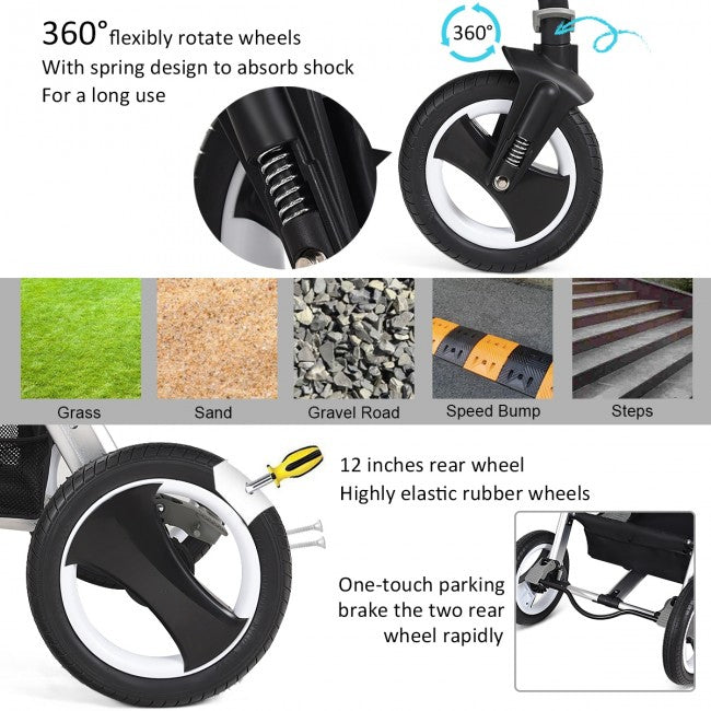 Lockable Rubber Wheels: The lockable design adds a sense of safety and flexibility when you go out with your little baby. The rubber wheels are free-inflation and roll effortlessly over all rough terrains such as the grass, gravel road, the sidewalk, the sand and so on. The swiveling front wheel can be locked at a precise position and the suspension springs equipped on it effectively absorb different shocks to protect the baby's brain and body.