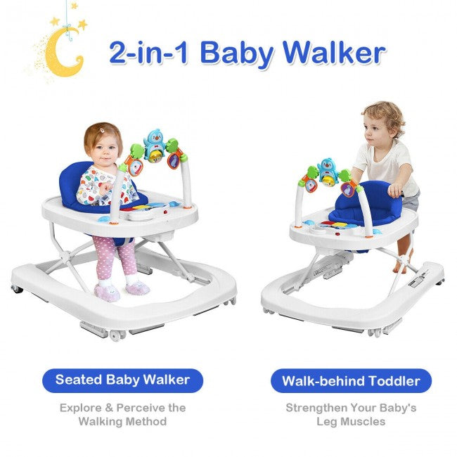 2-in-1 Baby Walker: This baby walker can be easily converted from a seated one into a walk-behind walker with a detachable bar and it has a safeguard distance of 5” to avoid accidental crashes while backward sliding. The optional baby learning walker helps apply balanced force to both feet so as to effectively avoid bow-legged walking.