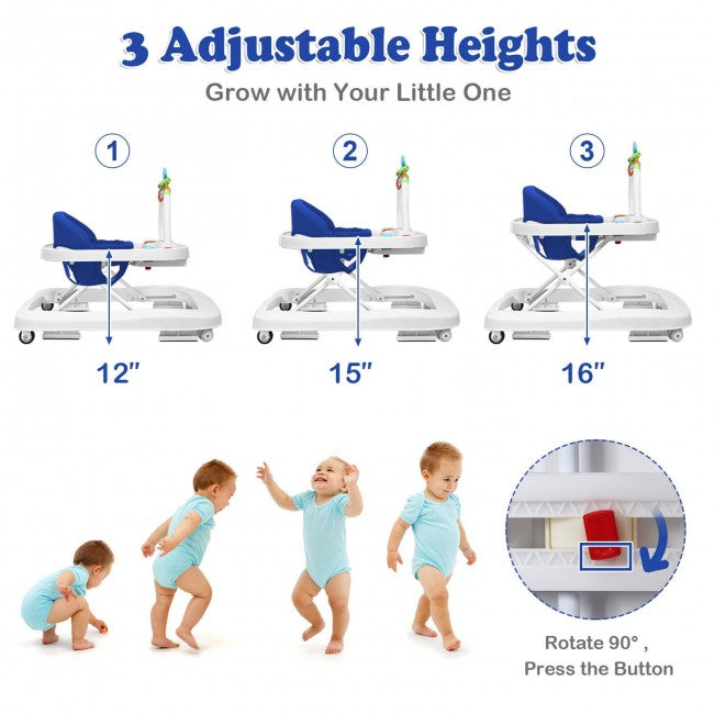 Adjustable Height and Speed: Featuring 3 fixed adjustable positions in 14", 15", and 16", this baby walker will accompany babies' growth and is suitable for babies of different heights. And rear wheel with an adjustable nut increases the friction to a simple or difficult walking exercise.