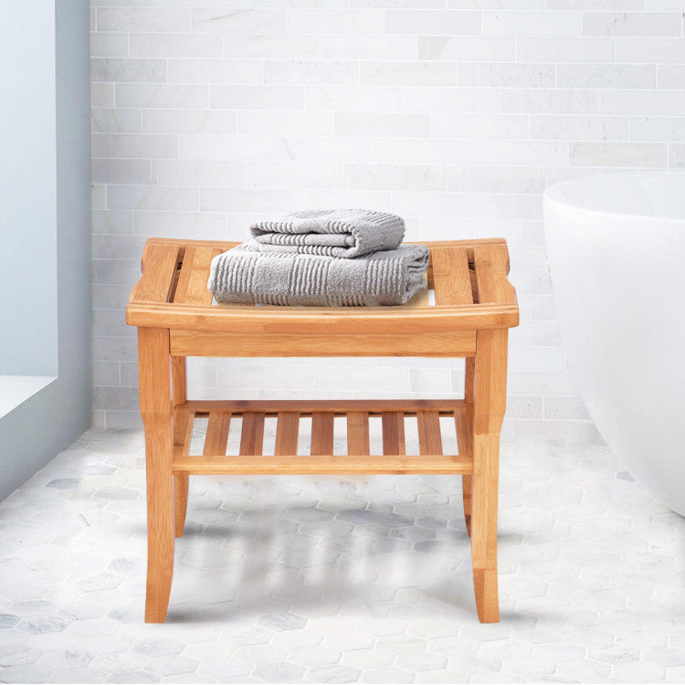 A Shower Bench for All Your Needs: Experience the perfect shower with this sturdy bamboo bench. It offers reliable support, whether you're indulging in a spa-like experience or need extra assistance due to physical therapy or discomfort in your feet, back, or knees.