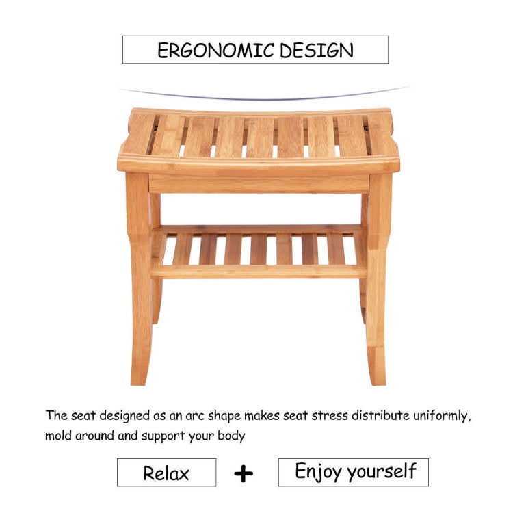 Robust, Eco-Friendly Build: Crafted from premium solid bamboo and treated with meticulous care, this bench boasts water-resistance and antibacterial properties. Unlike standard shower stools or seats, our bamboo bench comes equipped with a built-in storage shelf. It's an ideal organizer for your spa essentials, wet towels, and shower tools, providing added convenience.