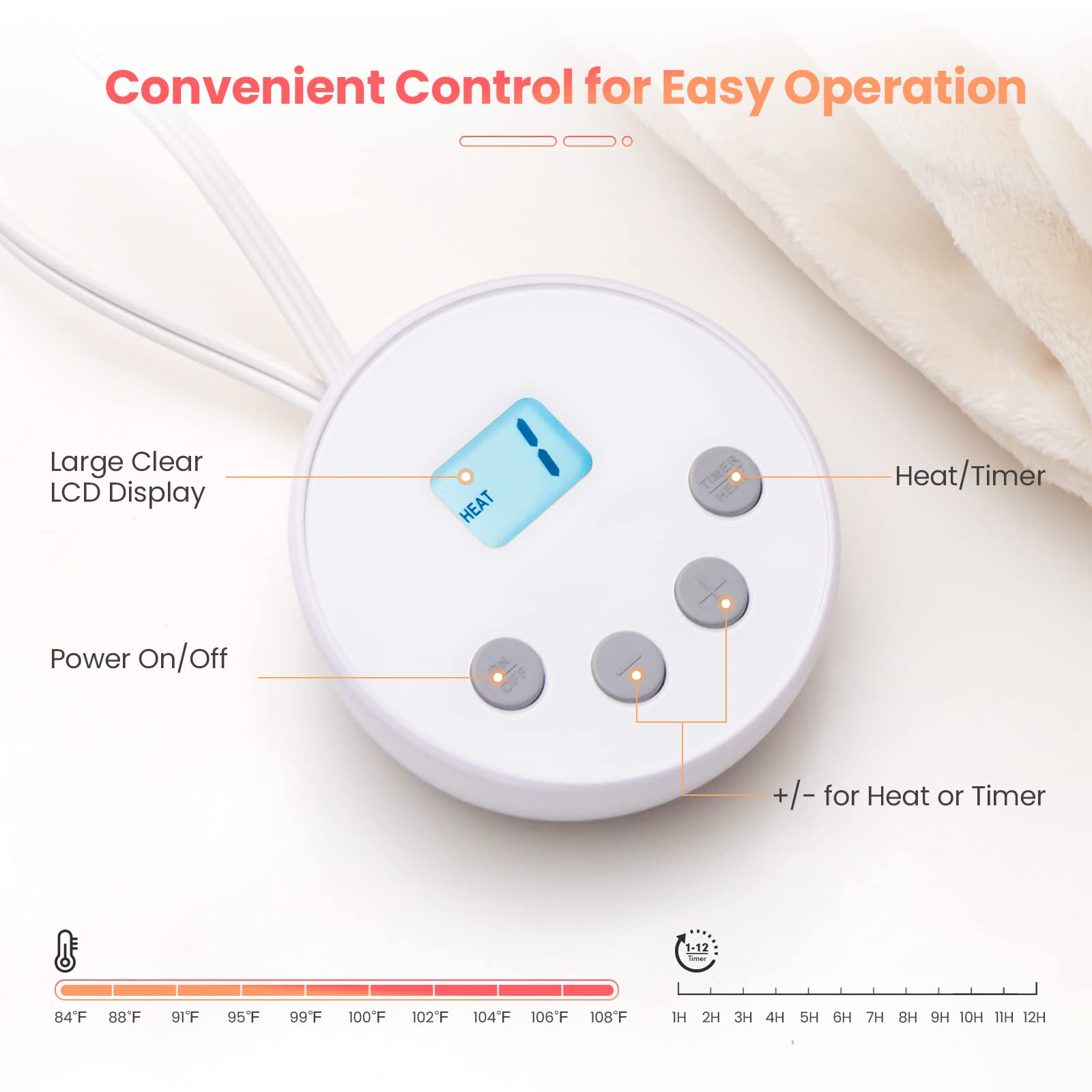 Fully Adjustable Heat and Auto-Off Timer: Our electric blanket offers a wide range of 10 temperature settings, allowing you to choose your preferred warmth level, from a cozy 77 ℉ to a toasty 115 ℉. With the built-in timer function (1-12 hours), you can enjoy a worry-free nap or night's sleep as it automatically turns off.