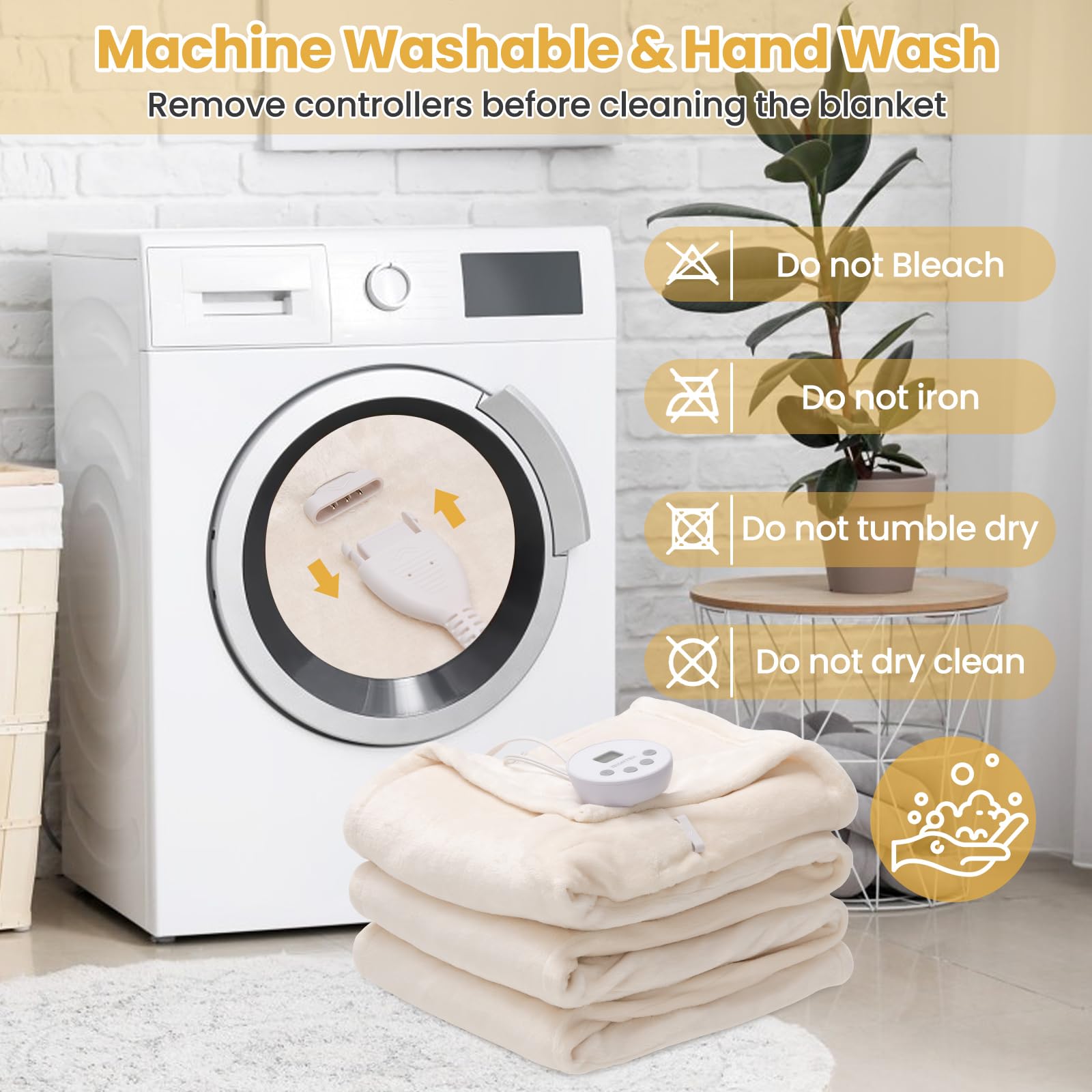 Easy Maintenance, Machine or Hand Wash: Cleaning is a breeze with this heating blanket; it can be machine washed for a thorough clean, or you can opt for a gentle hand wash. The high-quality fabric remains lint-free even after washing. (Note: Remember to detach the controller and let it cool before washing.)