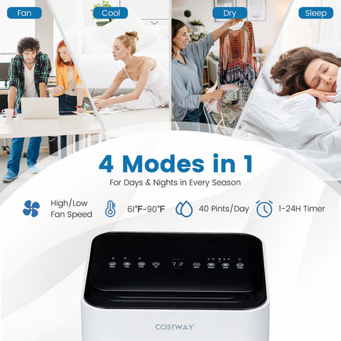 Portable Air Conditioner with 4 Modes in 1: This portable air conditioner features 4 modes (fan, cool, dry, sleep) and 2 fan speeds (high/low) for days and nights in every season. Adjustable temperature range: 61℉~90℉. Dehumidifying capacity: 40 pints/day.