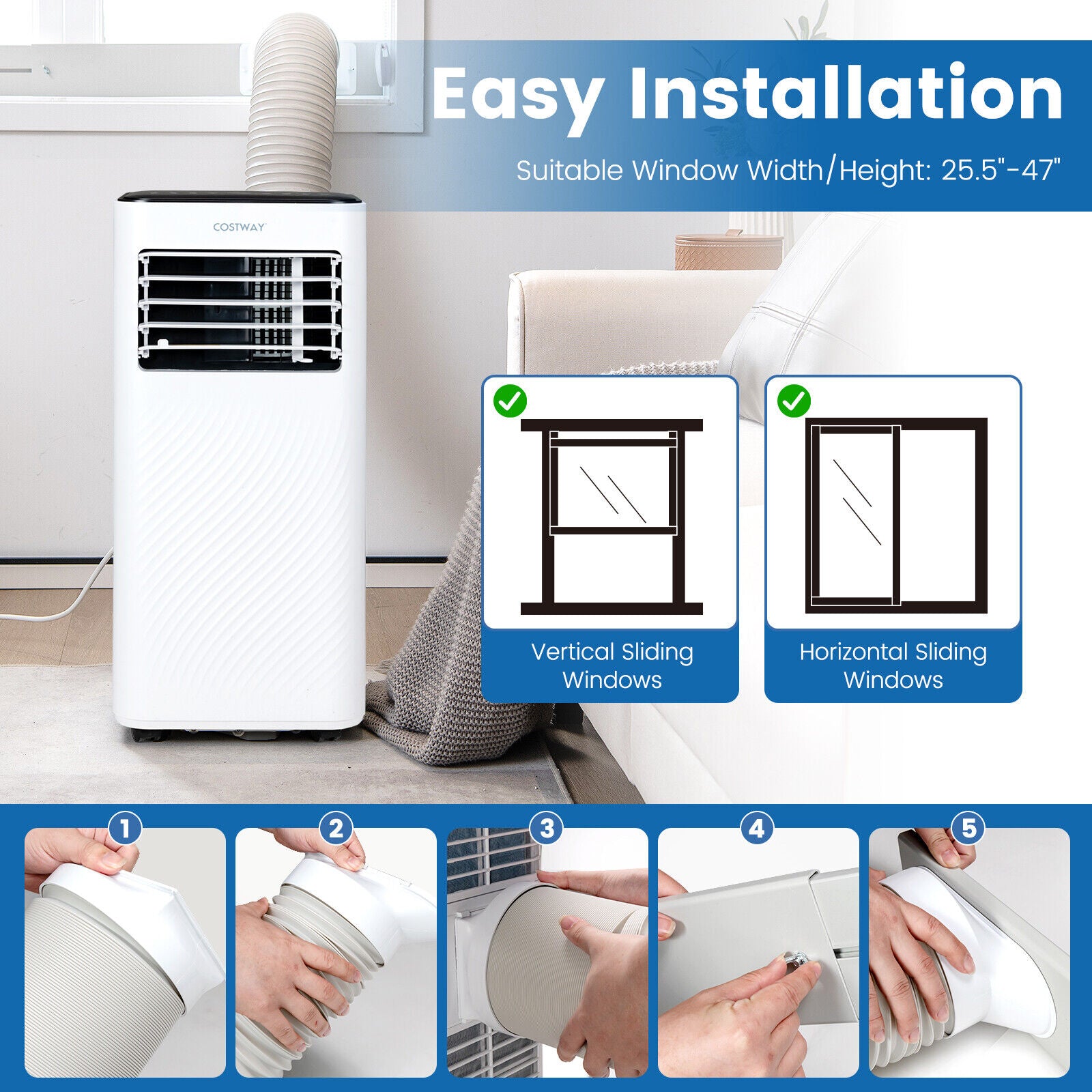 Easy Installation and User-Friendly Features: The included window kit provides easy installation to most sizes of windows and the suitable window width/height is 25.5"-47". And the carry handles and universal wheels help you with movement from room to room. The removable and washable filter makes regular cleaning easier.