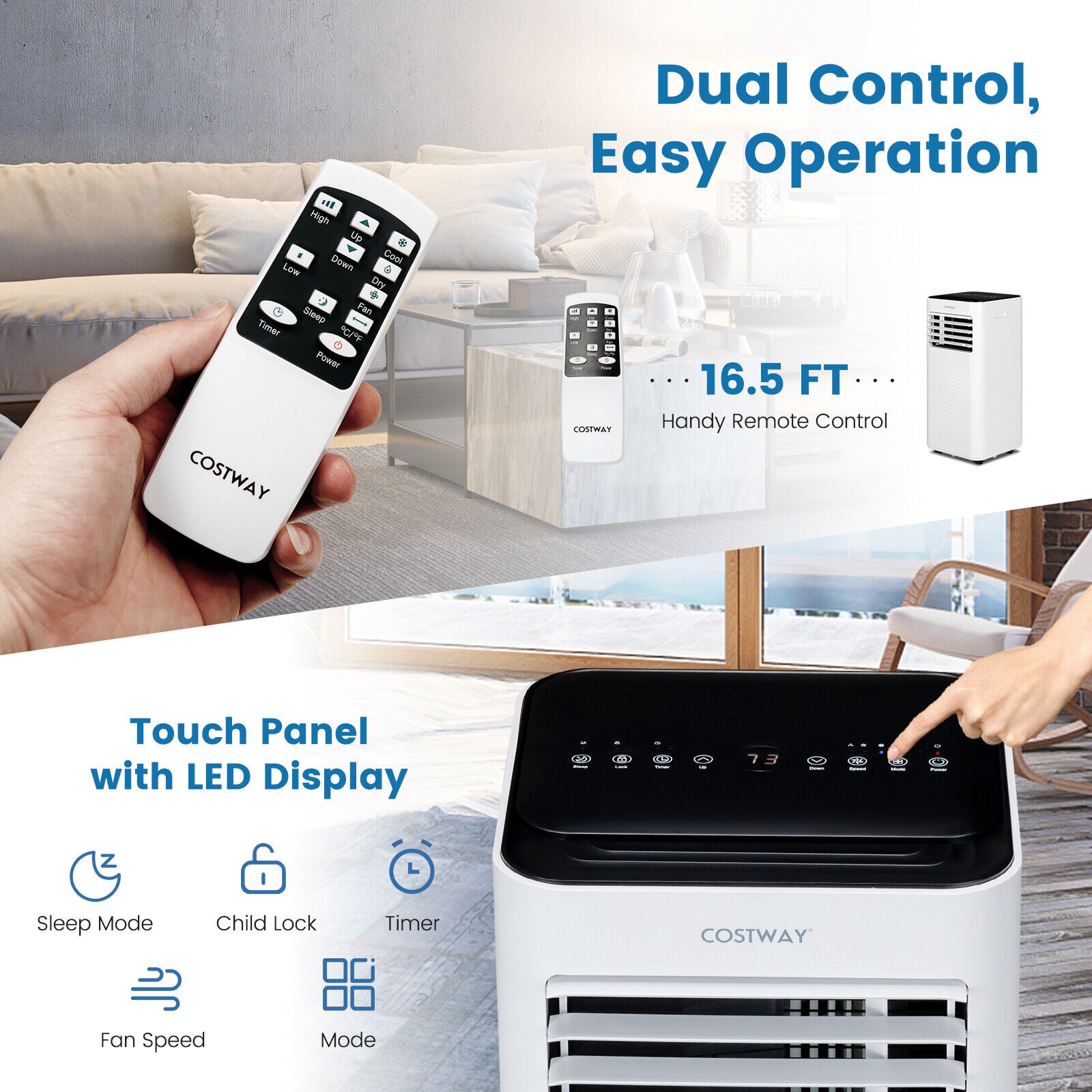  Dual Control, Easy Operation: This portable AC is equipped with a handy remote control (max control distance: 16.4 ft) and a touch panel with an LED display. There are 2 ways to drain the water: manual drainage and continuous drainage. Moreover, this portable AC is built with an auto defrost function to ensure smooth operation.