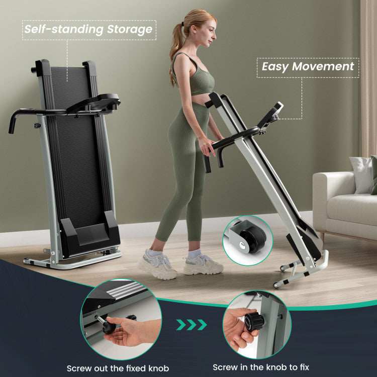 Space-Saving Smart Design: Maximize your living space with our folding treadmill that transforms into a self-standing storage unit. Effortlessly fold and roll away with two smooth wheels. Simply follow the easy steps for folding to save space in your home or apartment.
