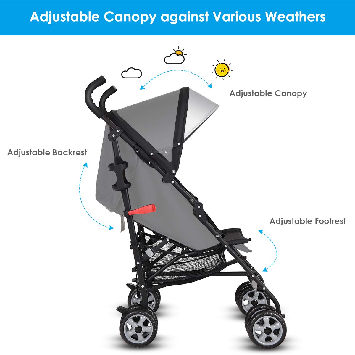 Adjustable Backrest & Canopy: Comes with 3-positions adjustable backrest, this compact stroller for toddlers enables baby to freely lie, sit, or sleep and the 5-point safety harness will firmly secure baby when moving. And the adjustable canopy in 3-section can well protect your baby from ultraviolet radiation and accidental rain.