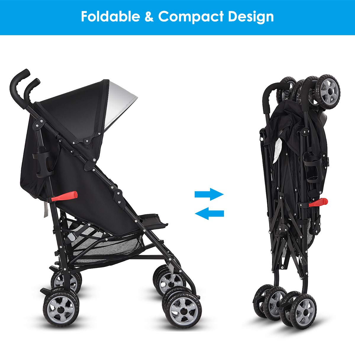 Folding & Compact Stroller: Portable baby stroller can be easily folded into a compact size for space-saving and storage. And with the buckle, the foldable stroller won’t be spread up for safety. Weights only 12.5 pounds, this infant umbrella stroller is convenient for parents to carry outside or store in truck for day trip.