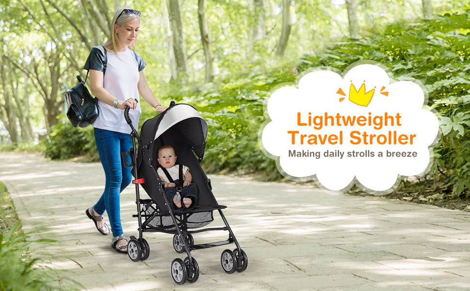 12.5 pounds lightweight stroller makes any outing a little easier! Babies can freely lie, sit, or sleep with the 3-positions adjustable backrest under the protection of 5-point safety harness. Put kids essentials in the large mesh basket and can be easily folded into a compact size while not use.