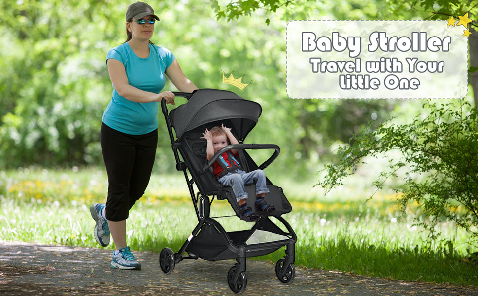 The Baby Travel Stroller is the ultimate stroller for travel, with an ultra-compact, one-step fold, a weight of only 15 lb, and an convient draw bar. Baby rides comfortably with multiple recline positions, a breathable canopy, and a comfortable padded seat. With the Convenience Compact Toddler Travel Stroller, you're fully equipped to carry on with your day, wherever it may lead you.