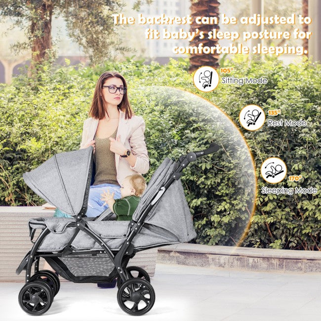 Doubles Stroller: Convenience Lightweight Double Stroller has 2 riding options for 2 children from infant to youth. Multi-position, reclining front seat reclines for baby's comfort.