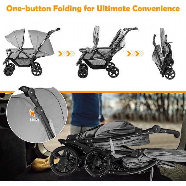 Convenience: Removable face-time rear seat for interaction with baby; The 1-hand fold with an automatic lock, large storage basket, and snack trays offer convenience, while the front swivel wheels allow for easy maneuverability.