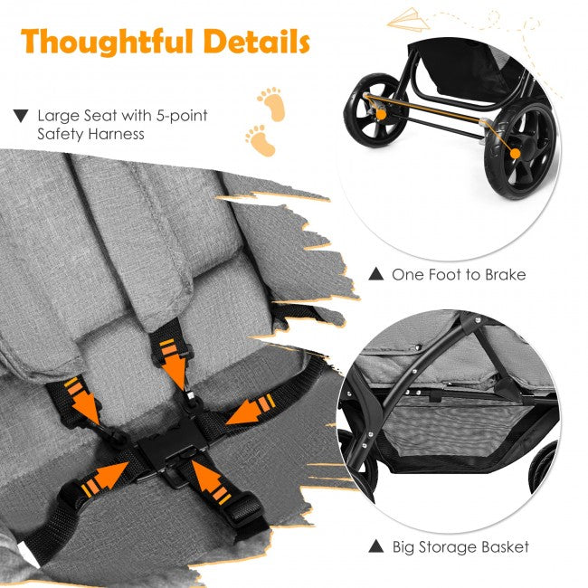 Safety Wheels and 5-point Safety Belts: The front wheels with shockproof function are non-directional and can also orient easily. The rear wheels have a linkage to brake with one step. The 5-point safety belt is equipped with each seat to ensure security while keeping your baby fit to the safety belt to feel comfortable.