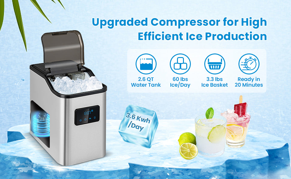 Never Run Out Of Ice Again: The powerful compressor effortlessly allows up to 60 lbs/day ice output, and this countertop nugget ice maker is suitable for household and commercial use, such as home, office, party, restaurant, etc. Featuring a 24H timer setting and a 12H appointment function, it will wake you up with a full ice basket.