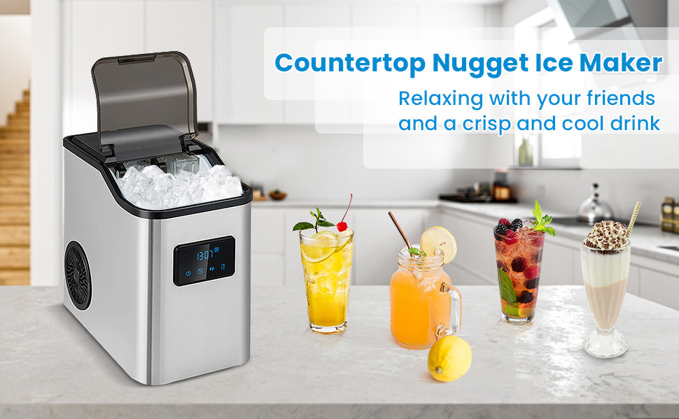 Why Choose Nugget Ice: Compared to cube ice and bullet ice, the soft, chewy, and crunchy nugget ice is made of compacted ice flakes and produces quick chilling and slow melting that is optimal to maintain the original flavor of various beverages like cocktails, red wine, coffee and more. Thanks to the small size, it blends easily with drinks and is suitable for different shapes of cups.