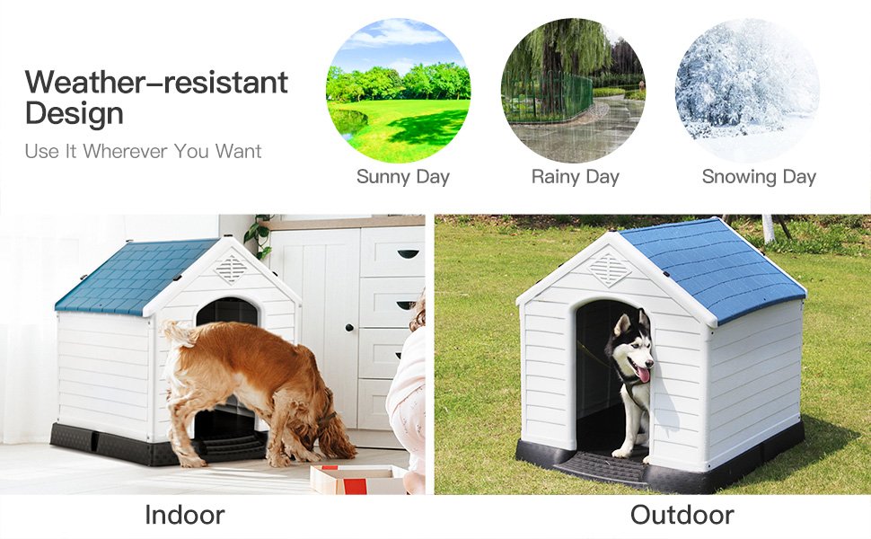 Weather-Resistant Design: Shield your dog from the elements with a protective roof that keeps rain, wind, and snow at bay. Elevated flooring prevents rainwater intrusion, ensuring a dry and cozy retreat.