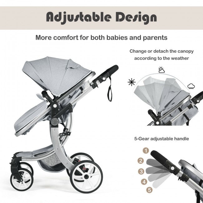 Adjustable Handle & Canopy: The premium canopy can be either detached or adjusted to different angles according to the weather. Also, the functional net and rain cover effectively keep infants away from rain. Moreover, the 5-gear handle offers much convenience to parents.