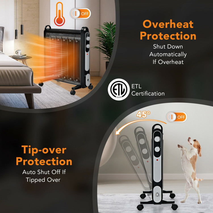Safety is Our Priority: With tip-over protection and overheat protection, our ETL-certified mica space heater guarantees safety. If tilted beyond 45 degrees, it shuts off automatically, resuming operation when upright. It also auto-off when internal components overheat, prioritizing your safety.