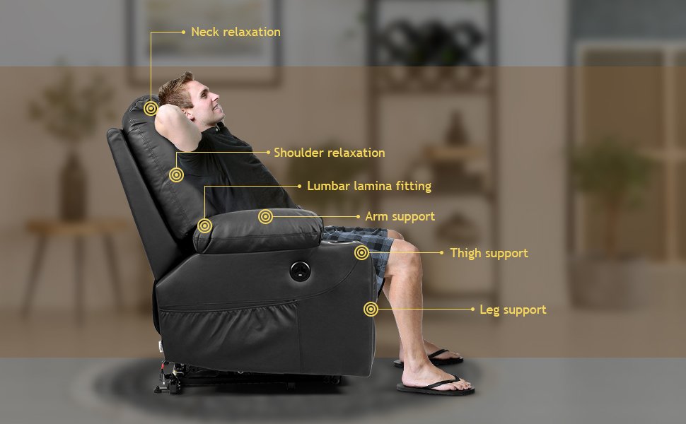 8-Point Massage and Lumbar Heating:  Elevate your relaxation with this lift recliner's cutting-edge features. Experience 8 targeted vibrating massage points, 4 distinct massage zones (back, lumbar, thighs, legs), 5 massage modes (pulse, press, wave, auto, normal), and 2 intensity levels. To further enhance comfort, enjoy the lumbar heating function, designed to work independently from vibration, providing relief for stiff muscles.