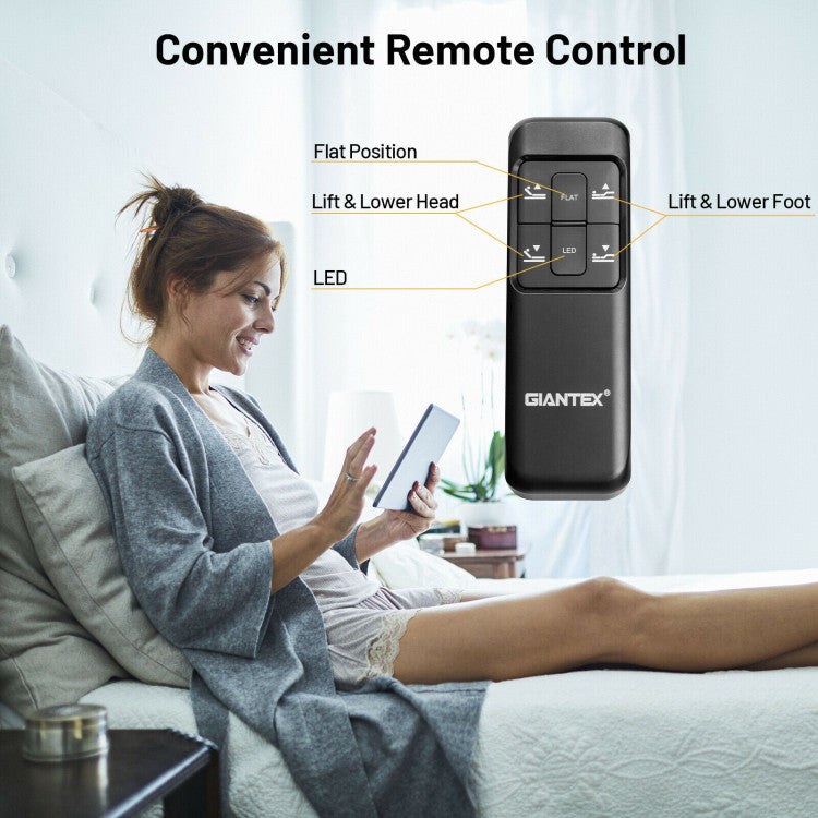 Simple Operation and Thoughtful Features: The reclining bed comes with a wireless remote control for easy operation, no need to get out of the bed. The premium motor is extremely reliable, responsive, and quiet. Additional features include dual USB ports for charging electronic devices and an underbed LED light for gentle, ambient light.