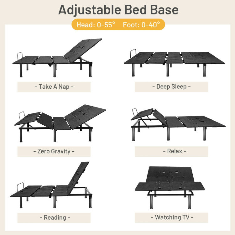 Ergonomic Bed with Head and Foot Inclination: This adjustable bed base is designed with an independent head incline: of 0 -55 degrees, a foot incline of 0 - 45 degrees. By simply raising your head about 15 degrees, you will reduce snoring, relieve congestion, and even positively affect sleep. You can lift, lower, and just lay flat in your comfortable place with this adjustable bed frame.