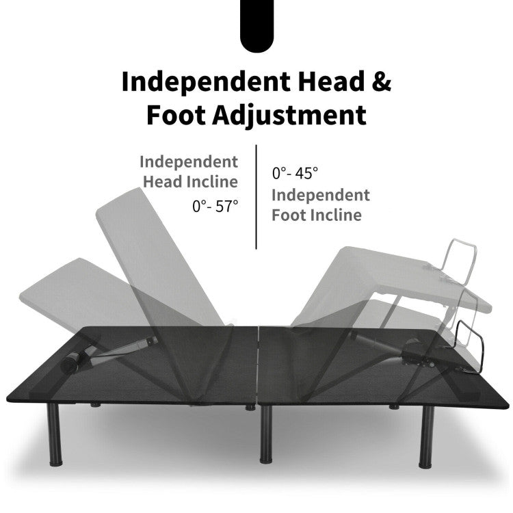 Independent Head & Foot Incline: Equipped with two powerful motors underneath it, the head is adjustable at 0-57 degrees while the foot parts of the bed can be raised or lowered from 0 to 45 degrees. There are pre-set positions for your reference like zero gravity position, which is suitable for working on a laptop, enjoying sleeping, reading books, or watching TV.