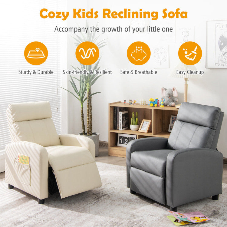 Premium Quality, Easy Maintenance: Crafted with skin-friendly PU leather, this kids' recliner is not only stylish but also waterproof and easy to clean. Supported by a robust wooden frame and anti-slip feet, it ensures stability and can withstand up to 110 lbs. A blend of style and durability.