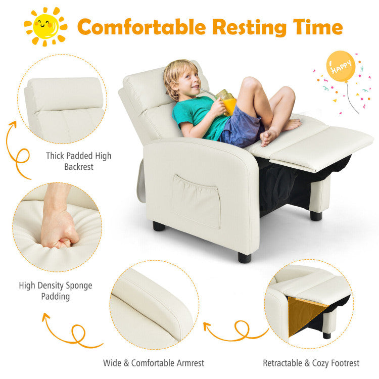 Premium Quality, Easy Maintenance: Crafted with skin-friendly PU leather, this kids' recliner is not only stylish but also waterproof and easy to clean. Supported by a robust wooden frame and anti-slip feet, it ensures stability and can withstand up to 110 lbs. A blend of style and durability.