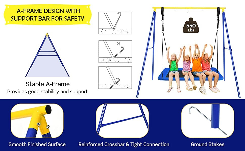 A-frame ensures extra sturbility: Up to 440 lbs high weight capacity meets most of your needs and provides a safe stand for a kid- and even a couple of friends - to lay back, sway, have some fun between standing and sitting on the swing , the options are limitless.
