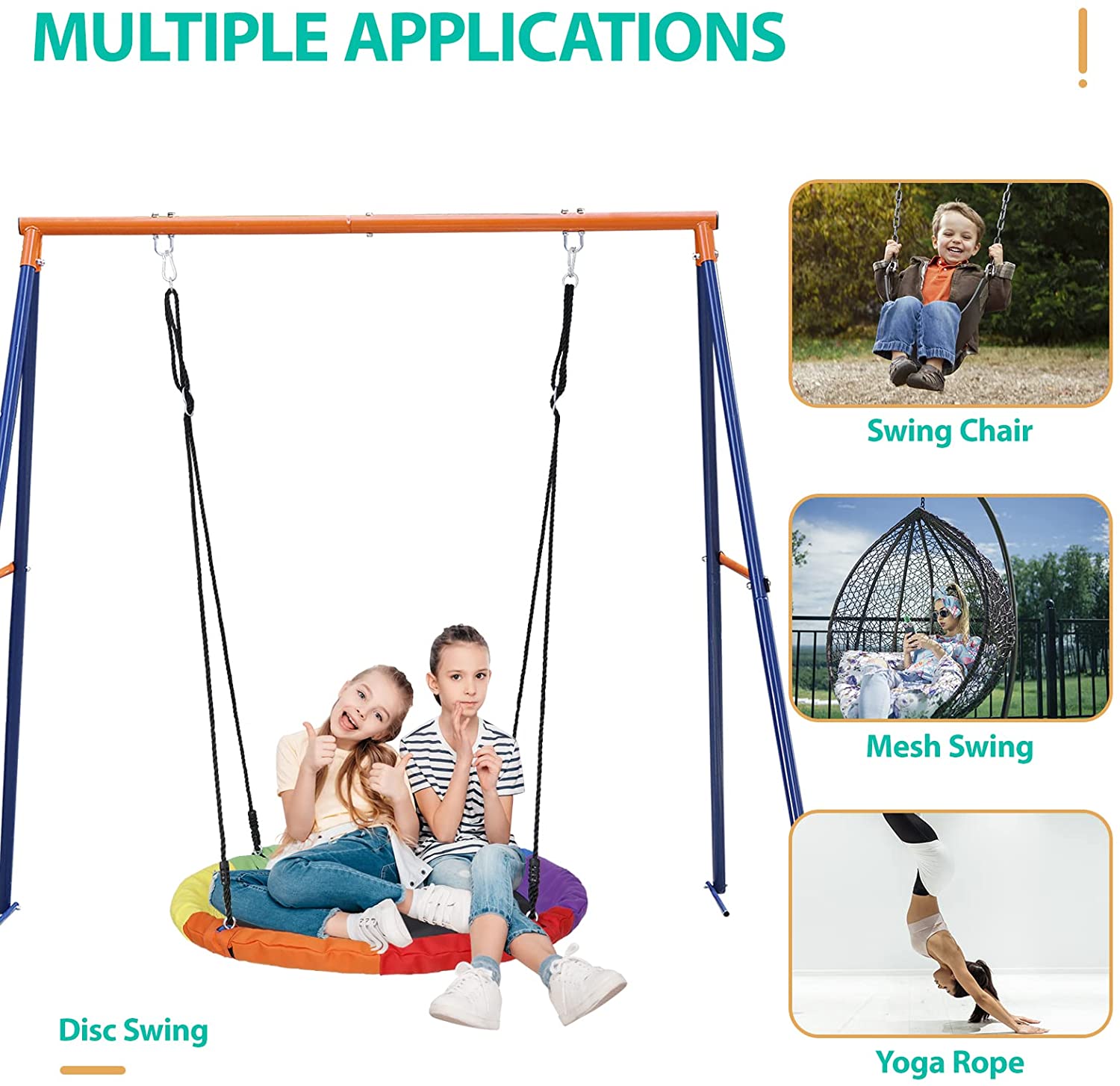 Heavy Duty Metal Stand Fits for Most Swings: Use this upgrade swing set to hang all types of swings, net swing, web swing, saucer swing, patio swings, porch swings, hanging chairs, baby carrier swings and more.