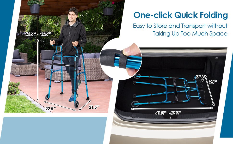 Foldable and Lightweight Design: This walker comes with one-click design which provides you with convenience to fold and store. The space-saving and lightweight walker can be effortlessly put into your car, cabinets or any corners. Moreover, two 5-inch front wheels help you to easily move around.