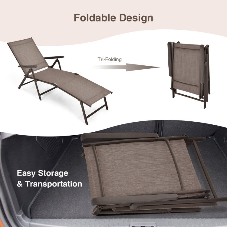 Portable and Foldable Design: This chaise lounge boasts a foldable design that's easy to store and transport. It's highly portable and can be effortlessly stowed in your car's trunk, making it ideal for outdoor and indoor settings such as gardens, poolside areas, and patios.