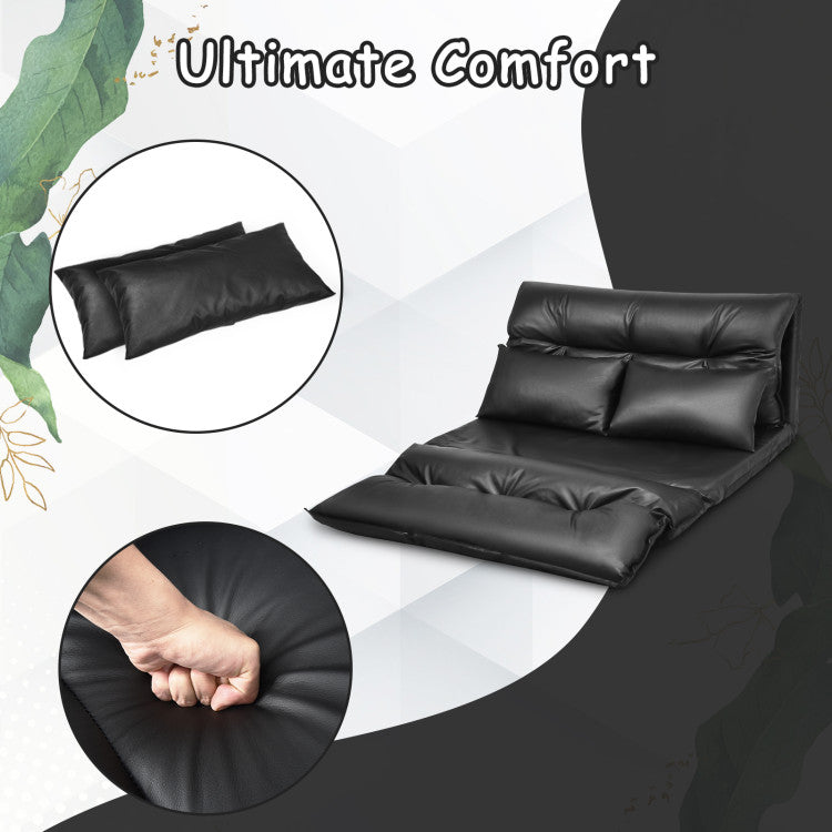 Luxurious PU Leather Sofa Bed with Bonus Pillows: Elevate your comfort with our chic folding sofa bed, perfect for reading, meditating, or binge-watching. Includes two stylish leather pillows for an extra touch of relaxation and comfort.