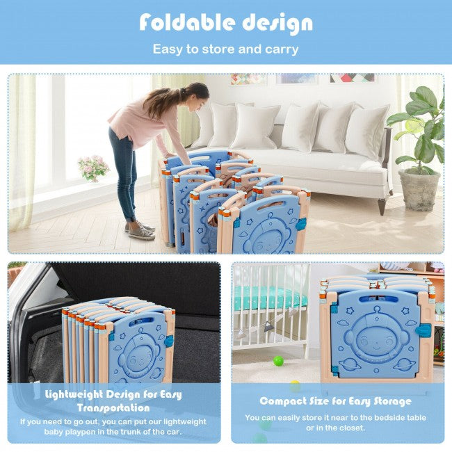 Portable Design and Easy Storage: Each panel has a handle for easy lifting, and this practical design makes it convenient for you to take this baby playpen anywhere you want. This baby playpen can be folded quickly, so you can place it in the corner or under the bed, which can save a lot of space when not in use.