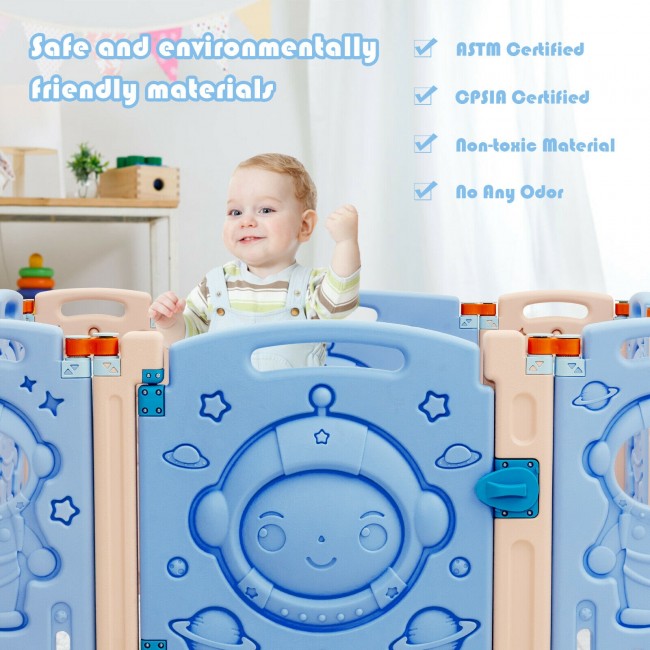 Durable Material and Stable Structure: This baby playpen features high-quality HDPE material, which is non-toxic and ensures long-time service. The surface has no burrs and will not be scratched. More, the hinge connector between each panel improves the stability of the baby fence to prevent shaking.