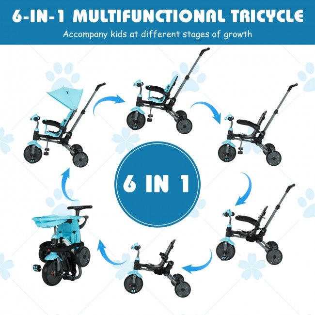 6-in-1 Multifunctional Tricycle: With foldable footrest and detachable push handle, canopy and guardrail, this baby tricycle can be transformed into multiple modes to accompany kids at different stages of growth. And the music box with shining headlight will also bring endless fun to kids.