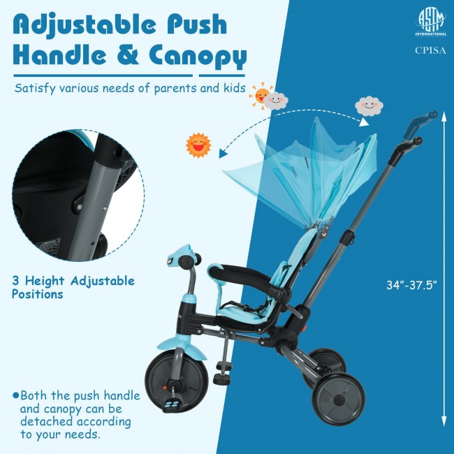 Adjustable Push Handle and Canopy: Equipped with a canopy which can be adjusted into different angles, the tricycle creates a cozy environment free of heavy sunlight for kids. Moreover, the push handle can be adjusted in three different positions from 34" to 37.5", satisfying various needs of parents and kids.