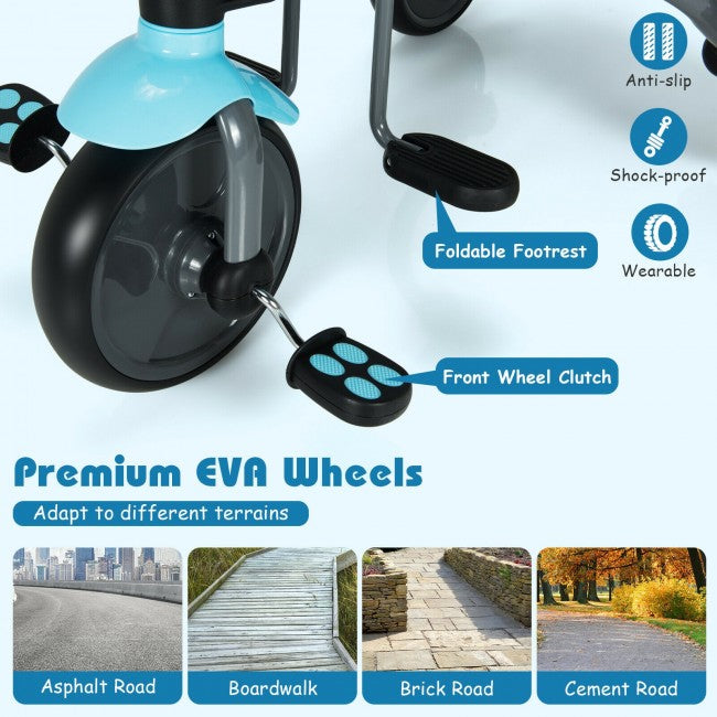 Premium EVA Wheels: Made of high-grade EVA, the tricycle wheels are not only wearable, but also anti-slip and shock-proof, ensuring the smooth and safe riding. Thus, this baby tricycle adapts to different terrains like asphalt road, boardwalk, brick road, cement road and so on.