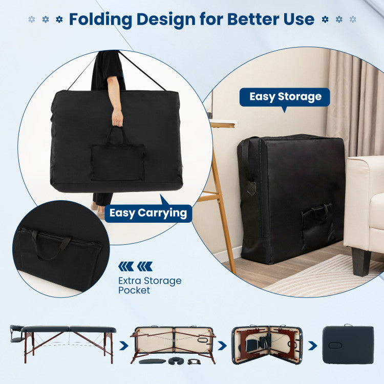 Folding for Better Portability: Designed for convenience, this esthetician bed easily folds after use for seamless storage. The included carrying bag, made of durable 600D Oxford cloth, ensures hassle-free transportation. The adjustable shoulder strap accommodates various heights, and the extra storage pocket allows you to carry essential items wherever your services take you.